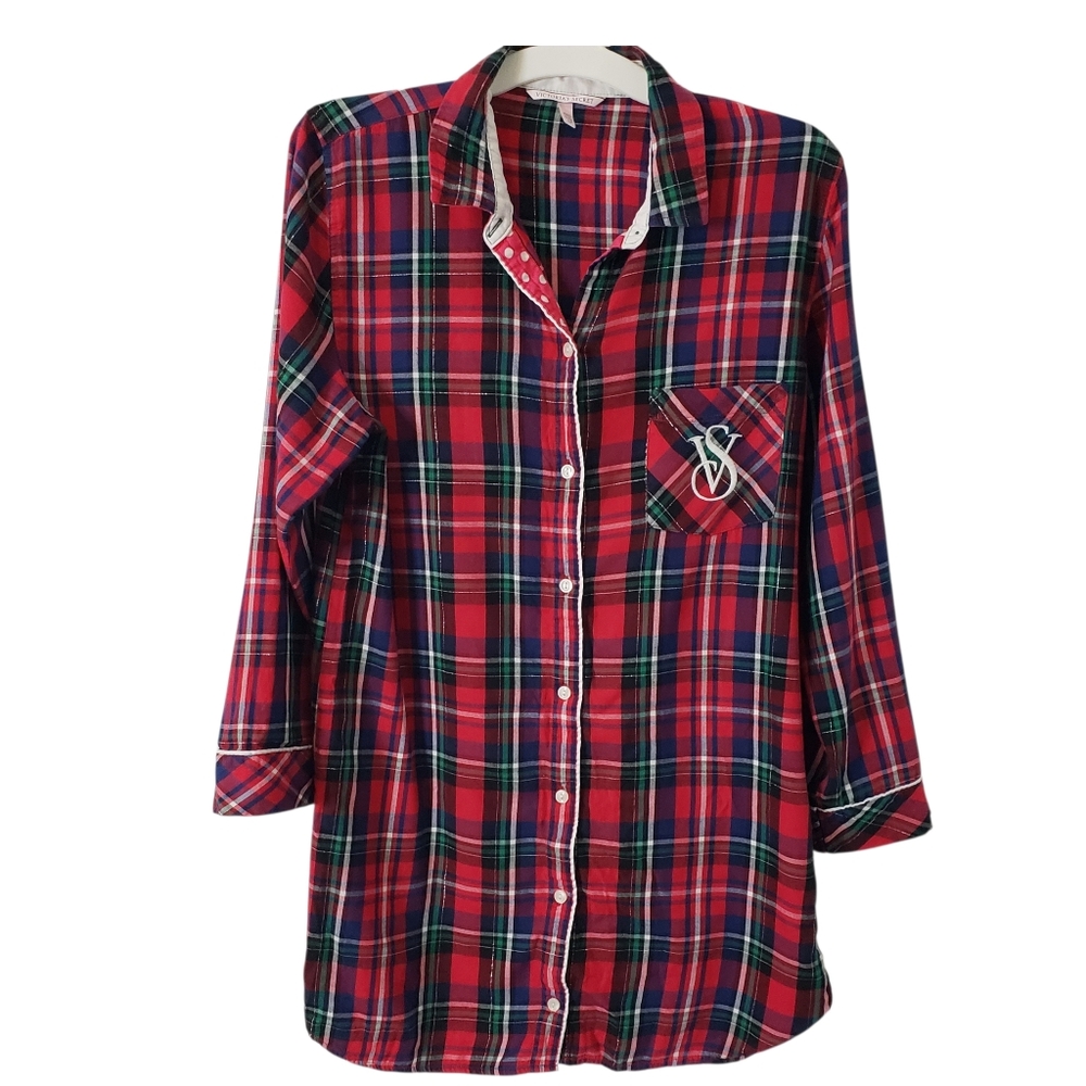 Victoria’s Secret Red/Green/Blue Long Sleeve Button Up Pajama Sleepshirt Size S